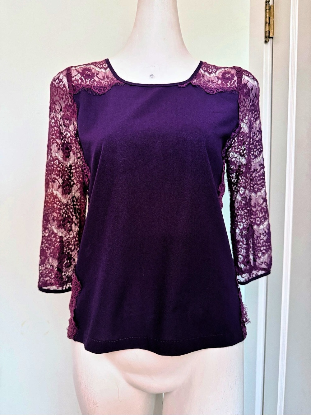 Under Skies Purple Lace 3/4 Sleeve Blouse Top Size Small EUC